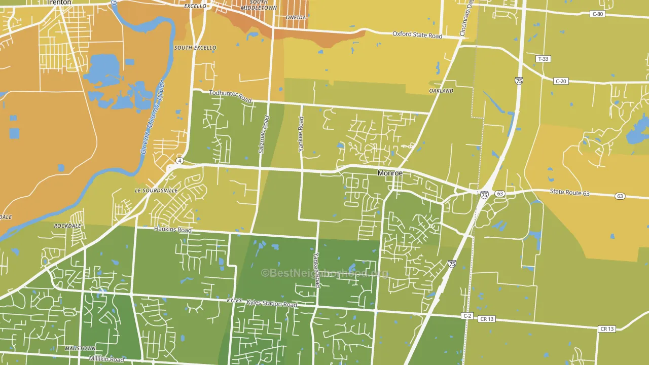 Map of the best neighborhoods in the Monroe area, with better matches in green and worse matches in red