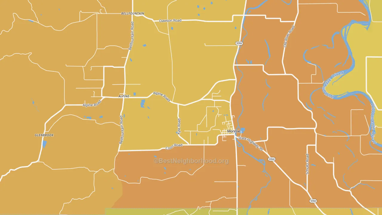 Map of the best neighborhoods in the Monroe area, with better matches in green and worse matches in red