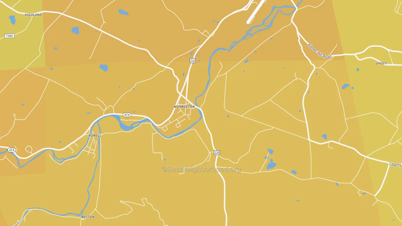 Map of the best neighborhoods in the Monroe area, with better matches in green and worse matches in red