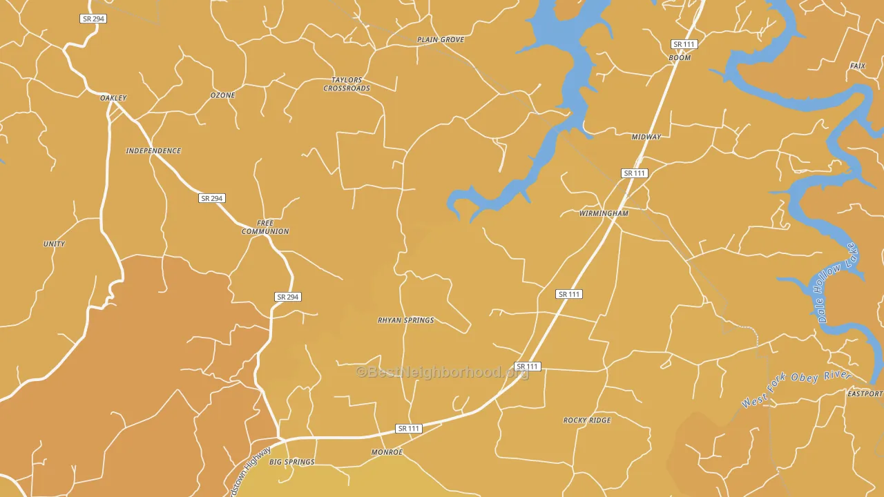 Map of the best neighborhoods in the Monroe area, with better matches in green and worse matches in red
