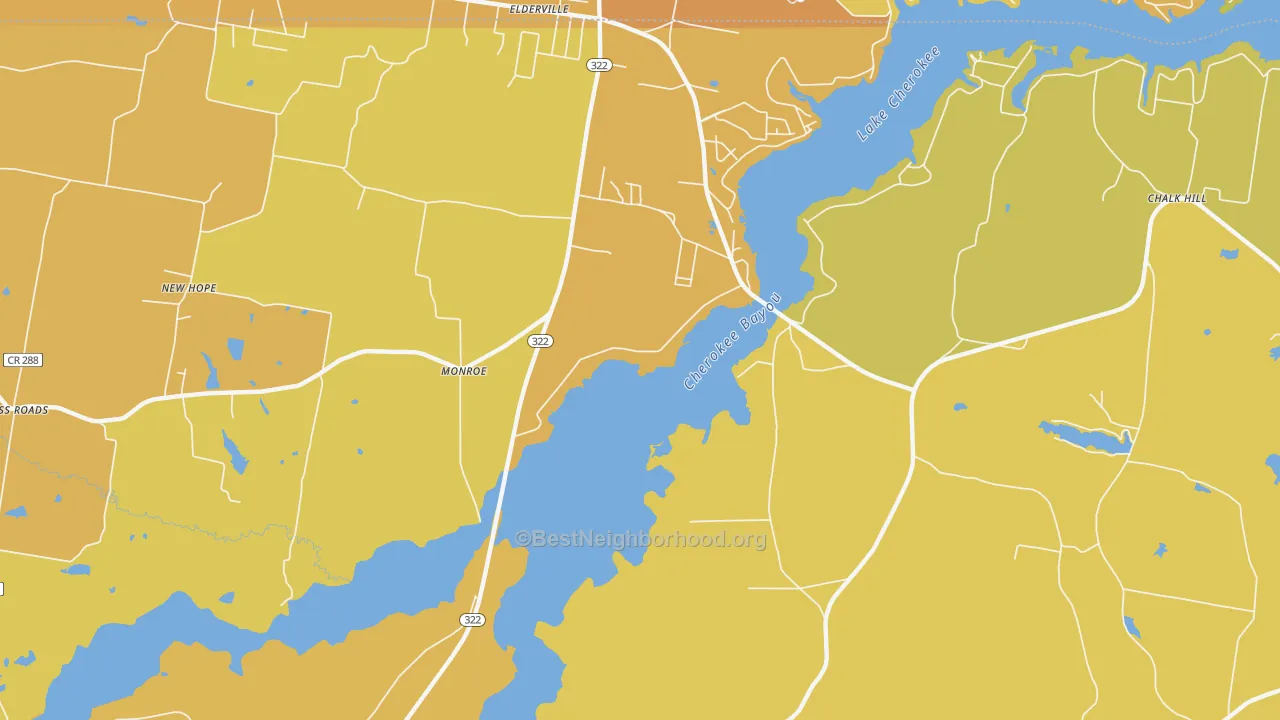 Map of the best neighborhoods in the Monroe area, with better matches in green and worse matches in red