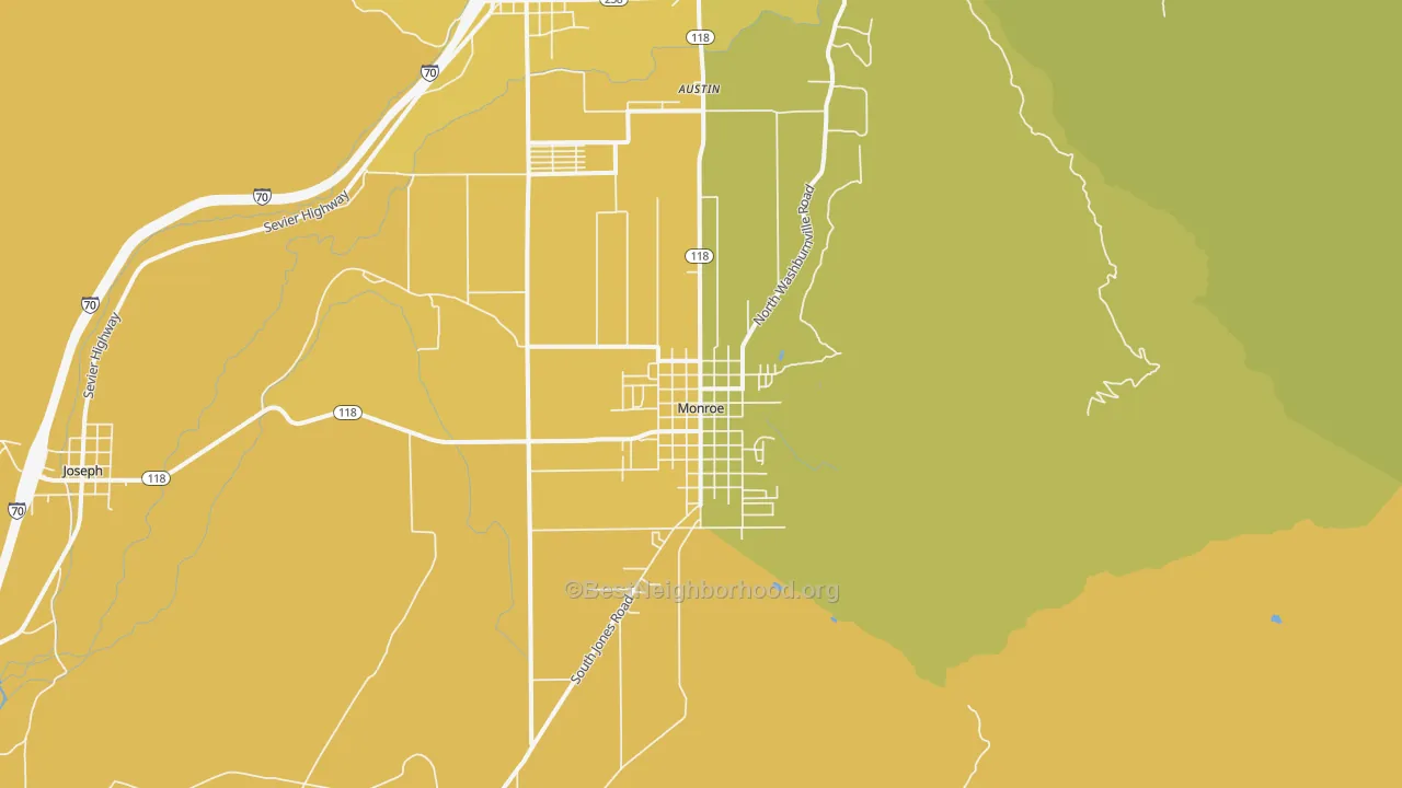 Map of the best neighborhoods in the Monroe area, with better matches in green and worse matches in red