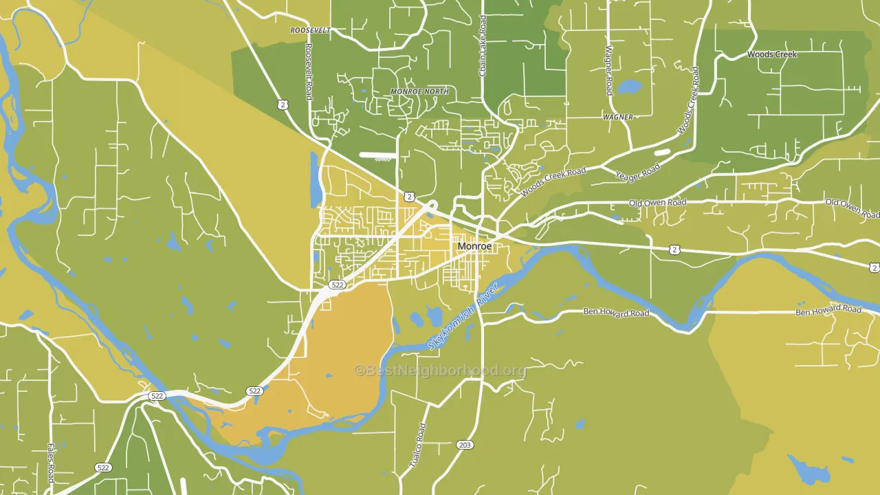 Map of the best neighborhoods in the Monroe area, with better matches in green and worse matches in red