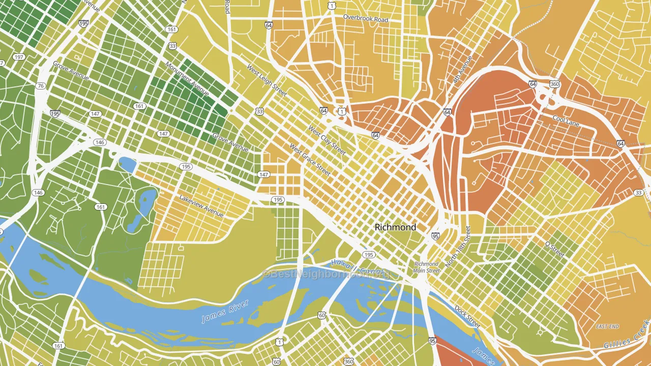 Map of the best neighborhoods in the Monroe Ward, Richmond area, with better matches in green and worse matches in red