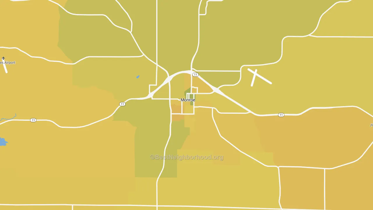 Map of the best neighborhoods in the Monroe area, with better matches in green and worse matches in red