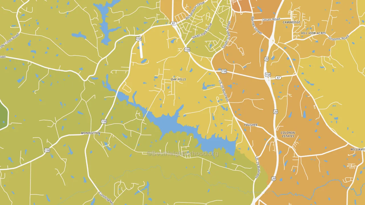 Map of the best neighborhoods in the Monroeton area, with better matches in green and worse matches in red