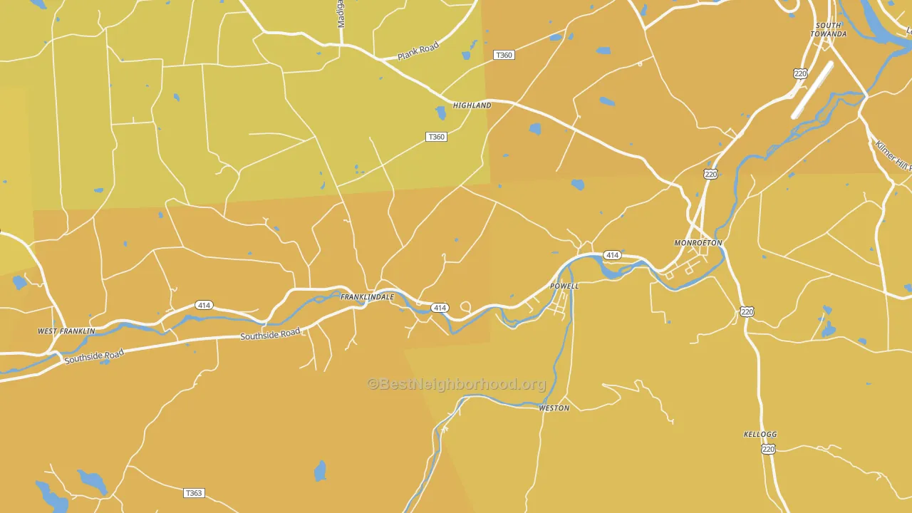 Map of the best neighborhoods in the Monroeton area, with better matches in green and worse matches in red