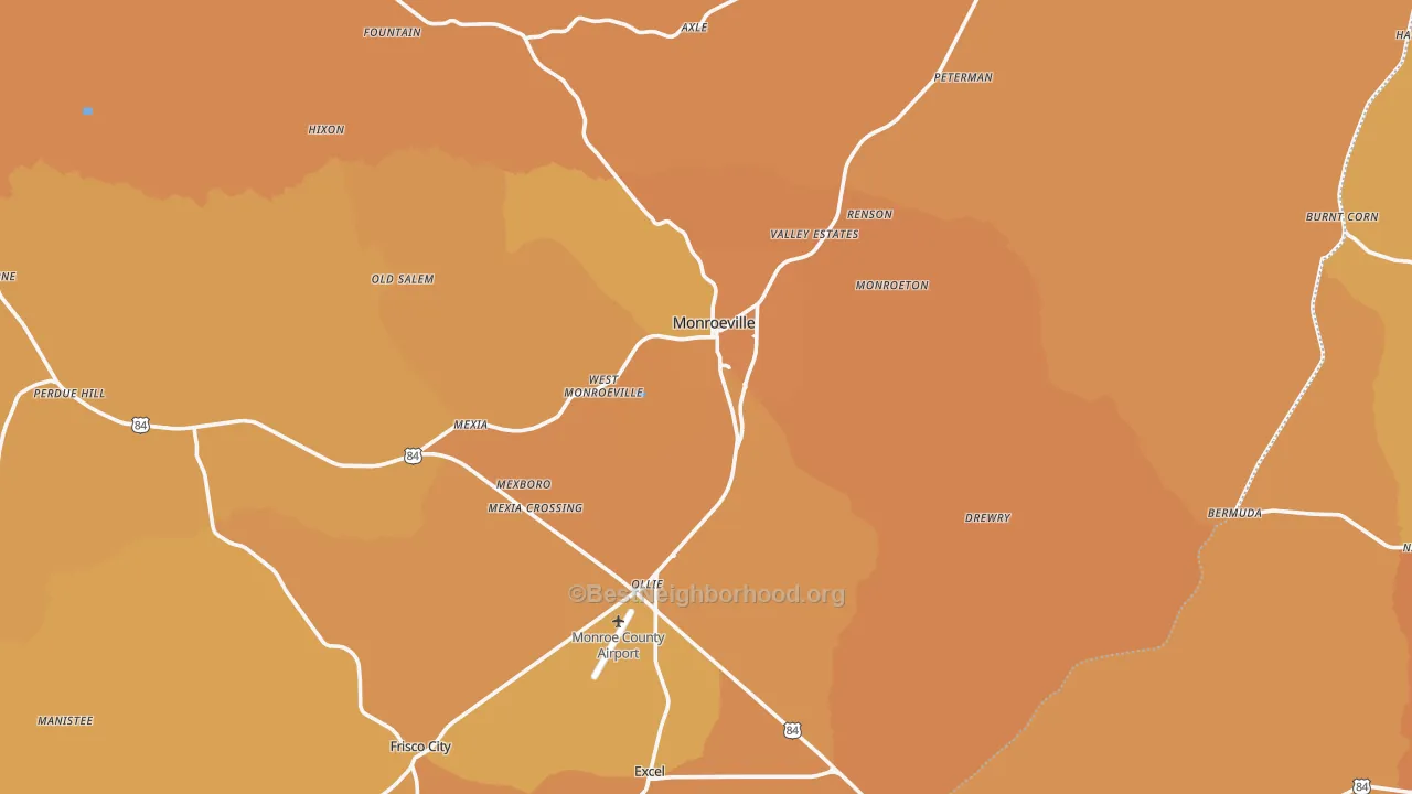 Map of the best neighborhoods in the Monroeville area, with better matches in green and worse matches in red