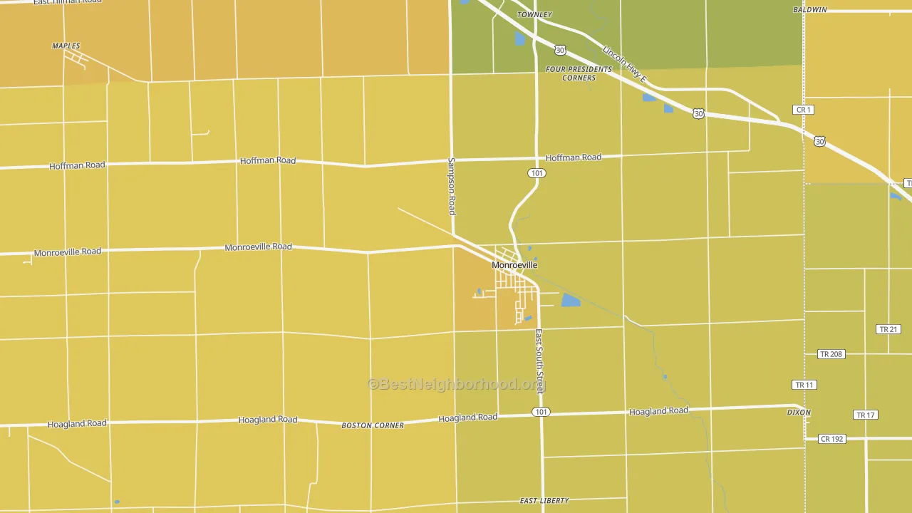 Map of the best neighborhoods in the Monroeville area, with better matches in green and worse matches in red