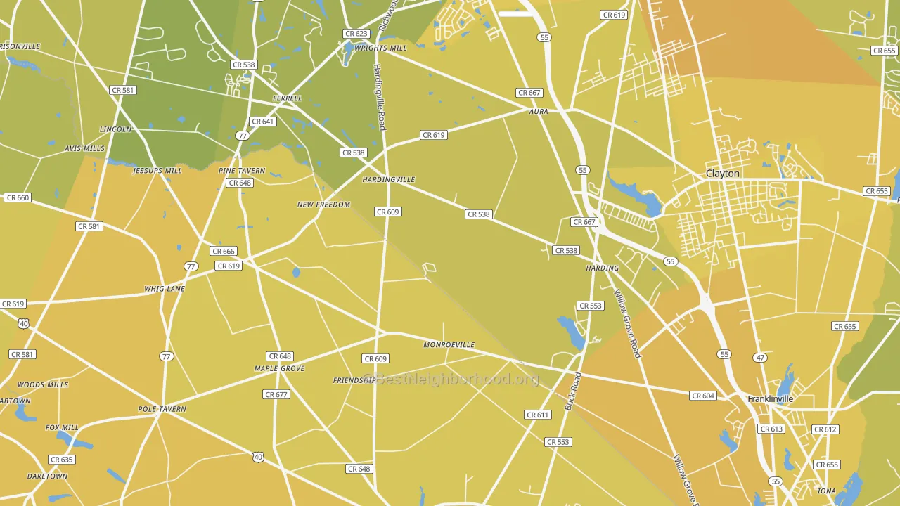 Map of the best neighborhoods in the Monroeville area, with better matches in green and worse matches in red