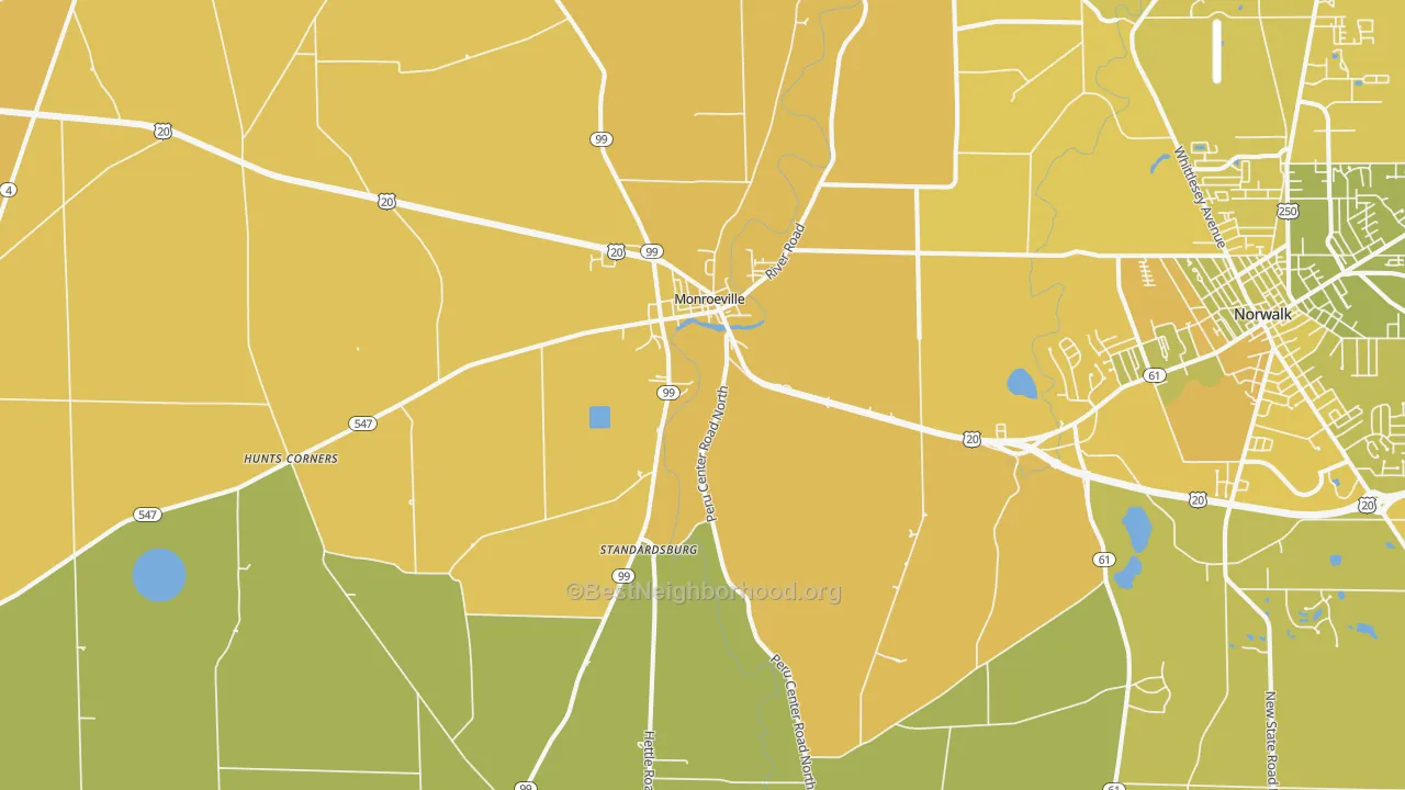 Map of the best neighborhoods in the Monroeville area, with better matches in green and worse matches in red