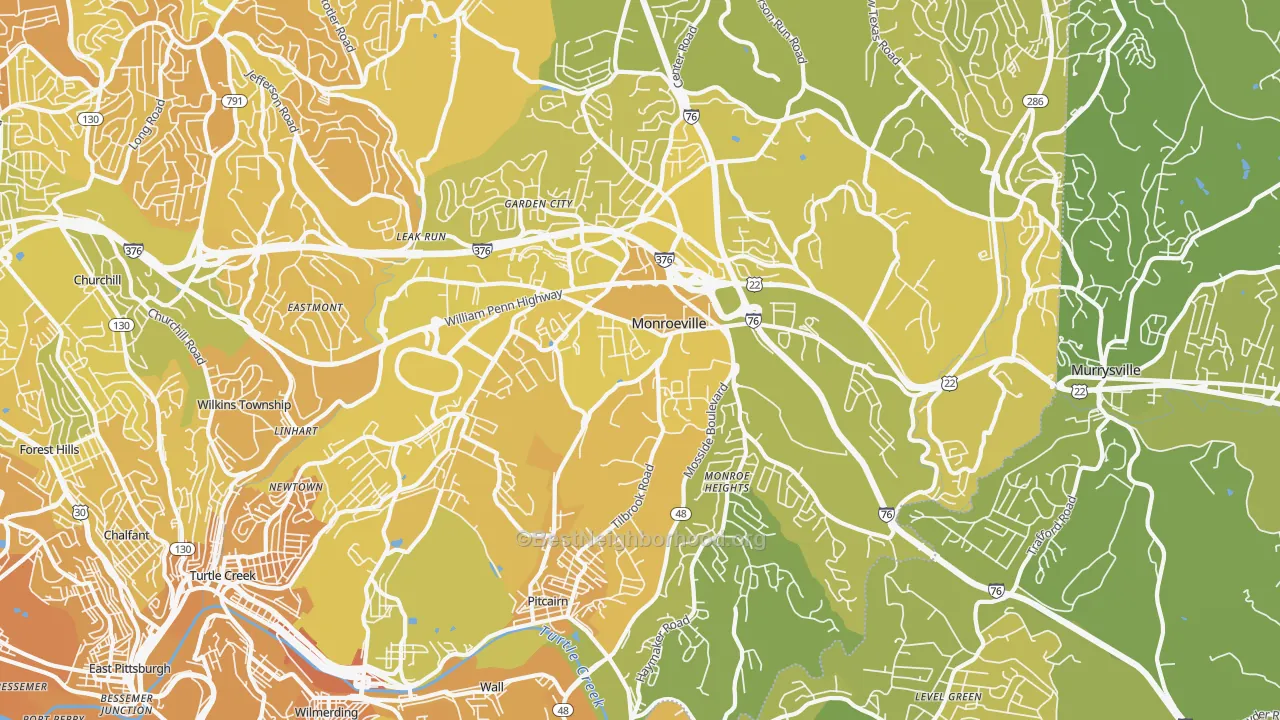 Map of the best neighborhoods in the Monroeville area, with better matches in green and worse matches in red