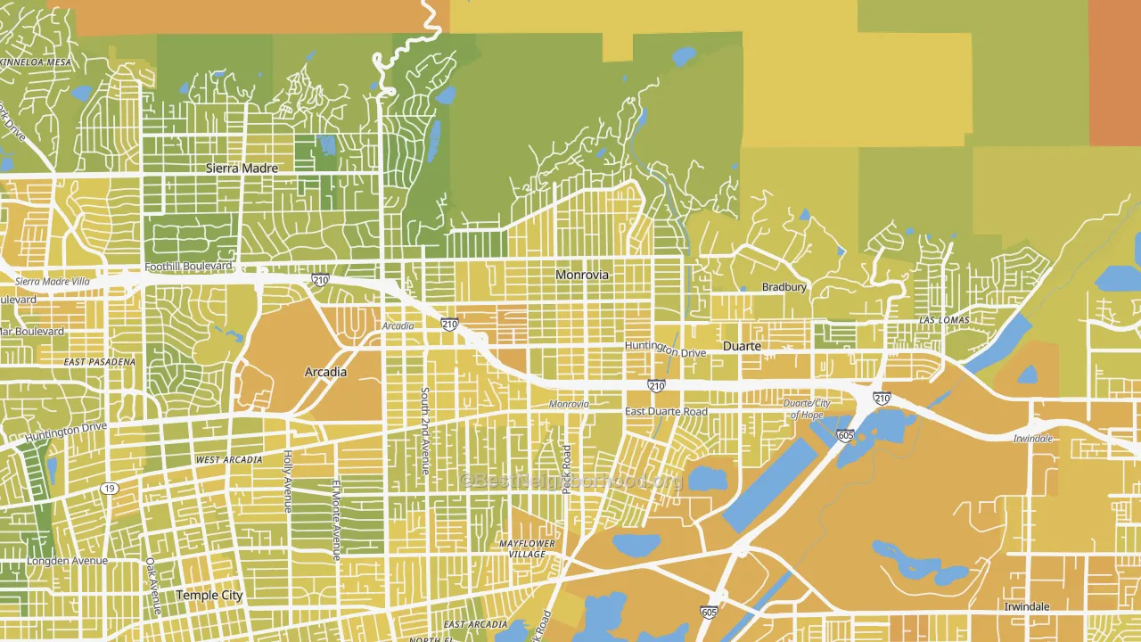 Map of the best neighborhoods in the Monrovia area, with better matches in green and worse matches in red