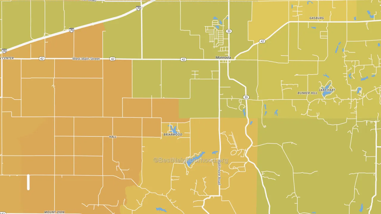 Map of the best neighborhoods in the Monrovia area, with better matches in green and worse matches in red