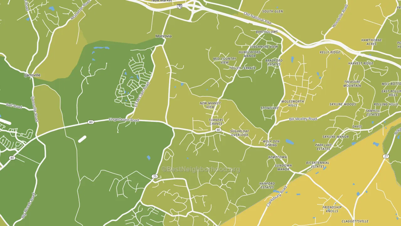 Map of the best neighborhoods in the Monrovia area, with better matches in green and worse matches in red