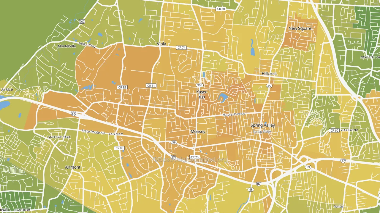 Map of the best neighborhoods in the Monsey area, with better matches in green and worse matches in red