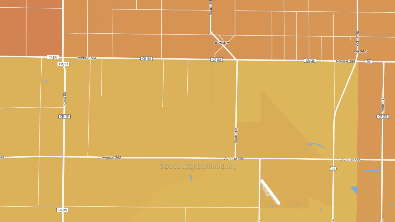 Map of the best neighborhoods in the Monson area, with better matches in green and worse matches in red