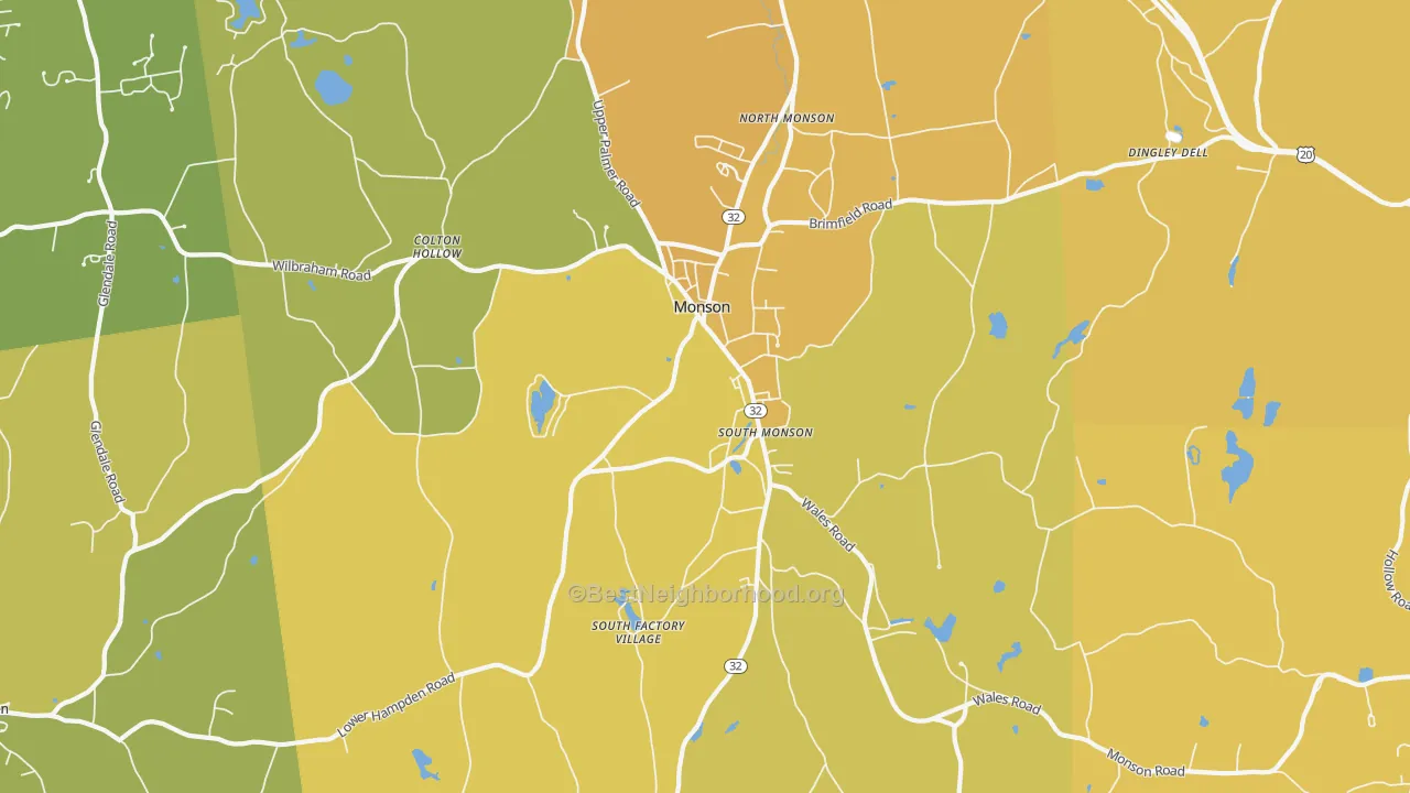 Map of the best neighborhoods in the Monson area, with better matches in green and worse matches in red