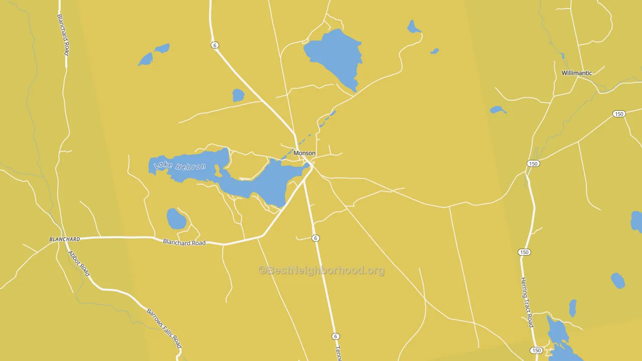 Map of the best neighborhoods in the Monson area, with better matches in green and worse matches in red
