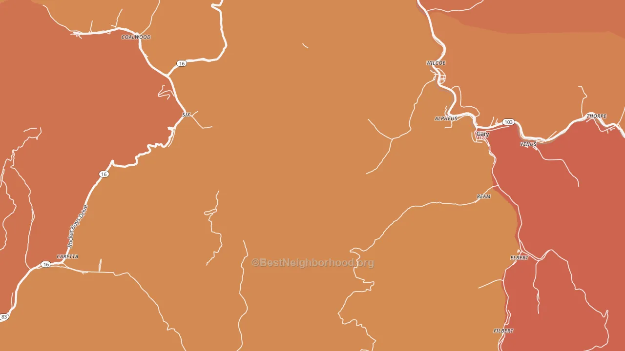 Map of the best neighborhoods in the Monson area, with better matches in green and worse matches in red