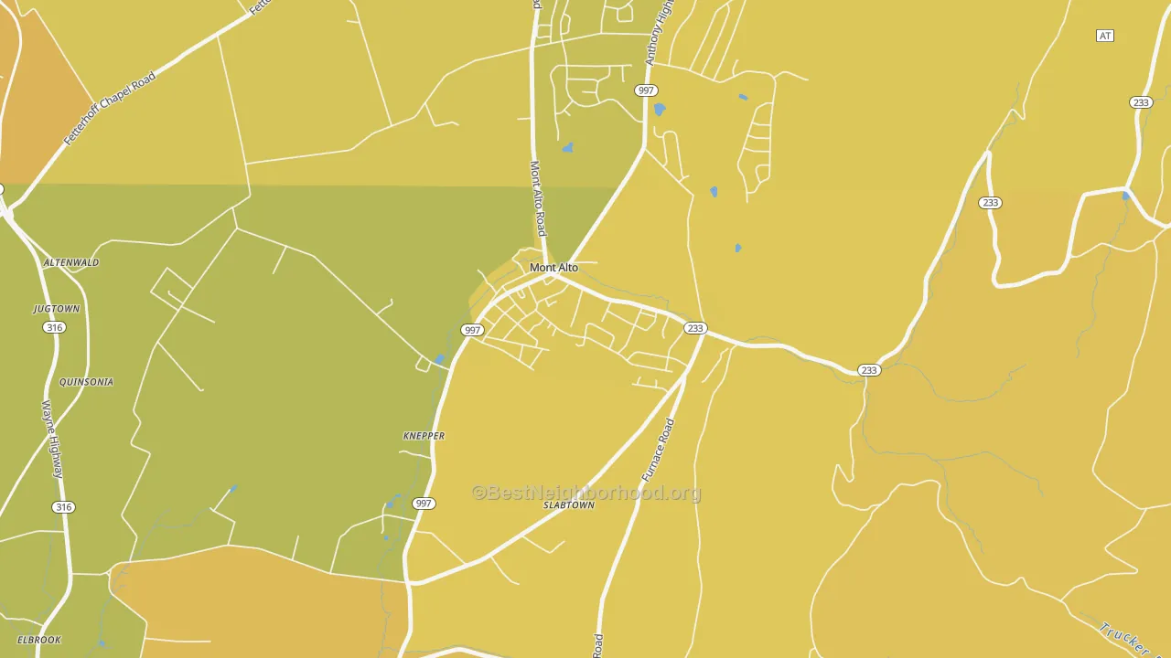 Map of the best neighborhoods in the Mont Alto area, with better matches in green and worse matches in red