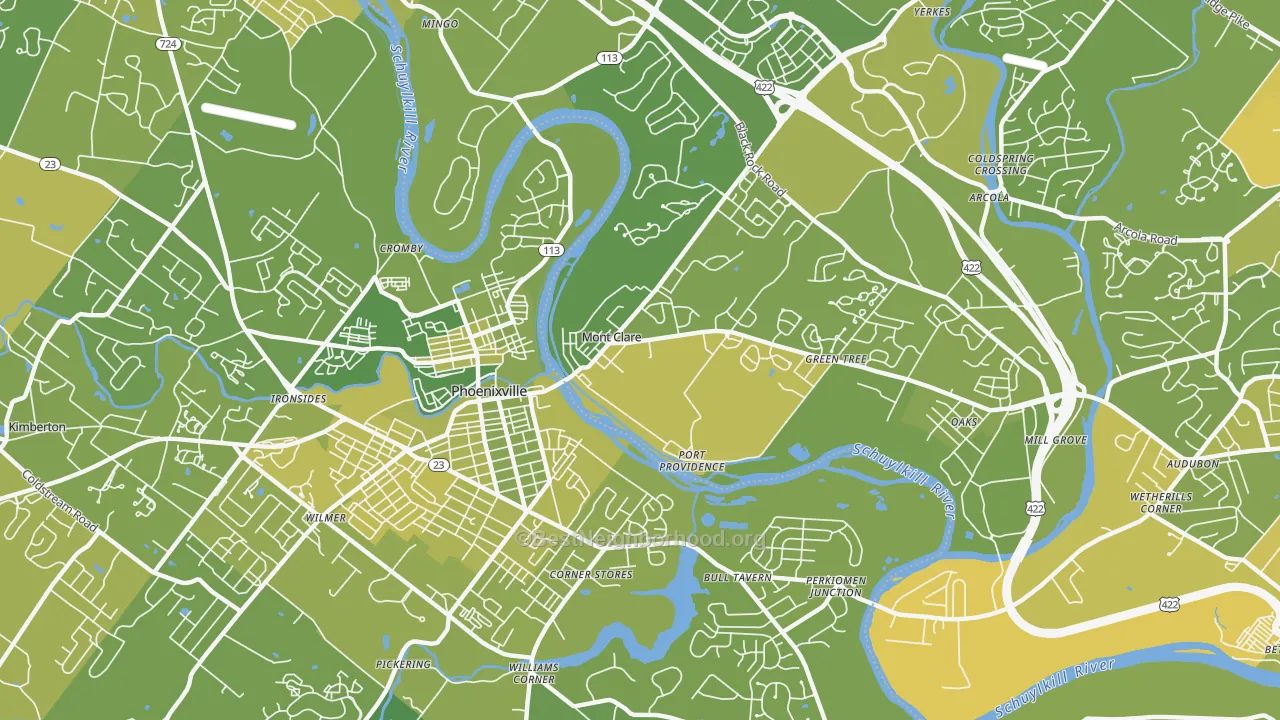 Map of the best neighborhoods in the Mont Clare area, with better matches in green and worse matches in red