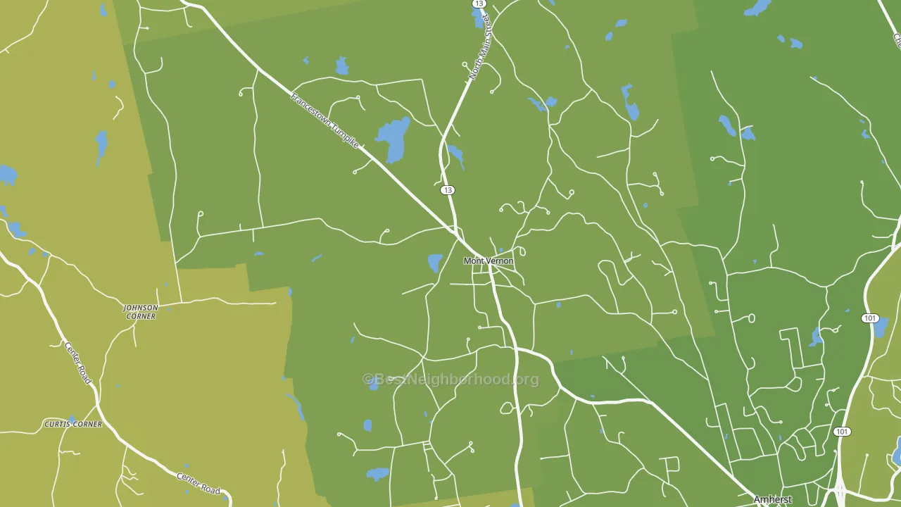 Map of the best neighborhoods in the Mont Vernon area, with better matches in green and worse matches in red