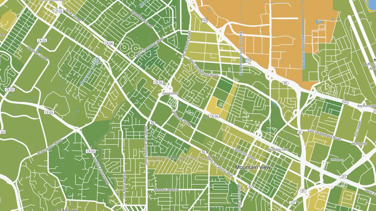 Map of the best neighborhoods in the Monta Loma, Mountain View area, with better matches in green and worse matches in red