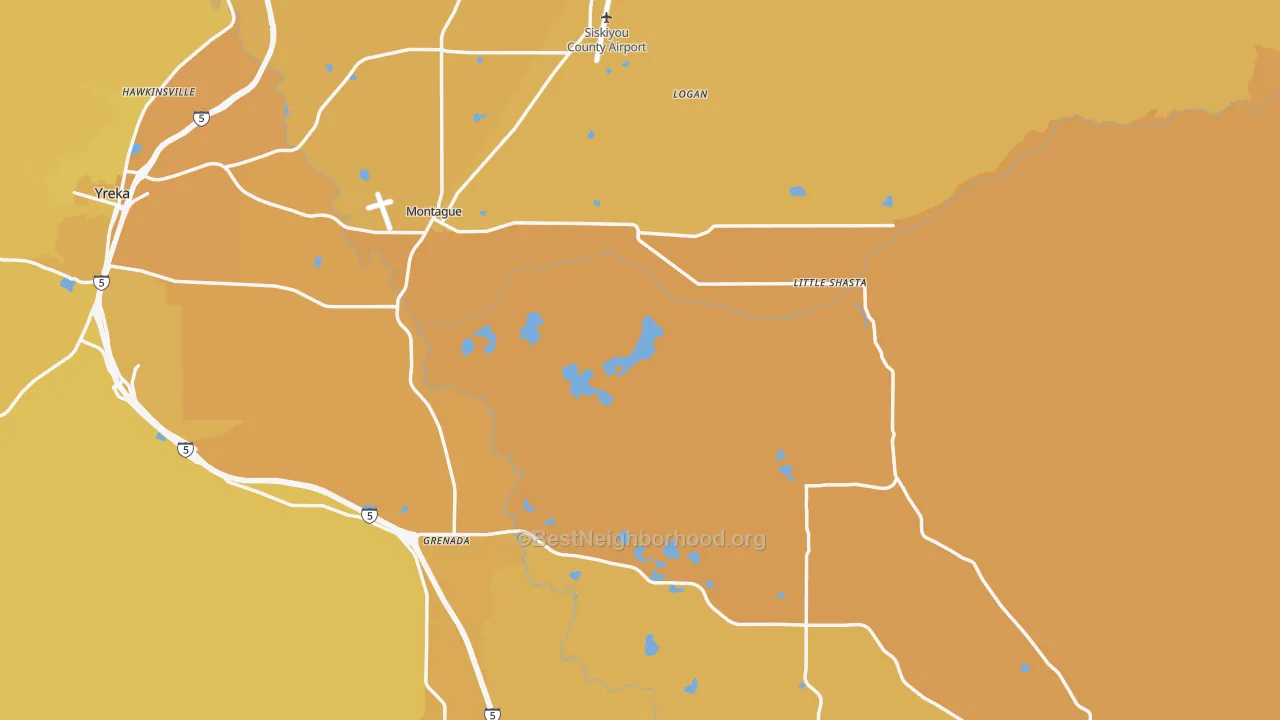 Map of the best neighborhoods in the Montague area, with better matches in green and worse matches in red