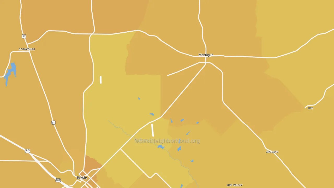 Map of the best neighborhoods in the Montague County area, with better matches in green and worse matches in red