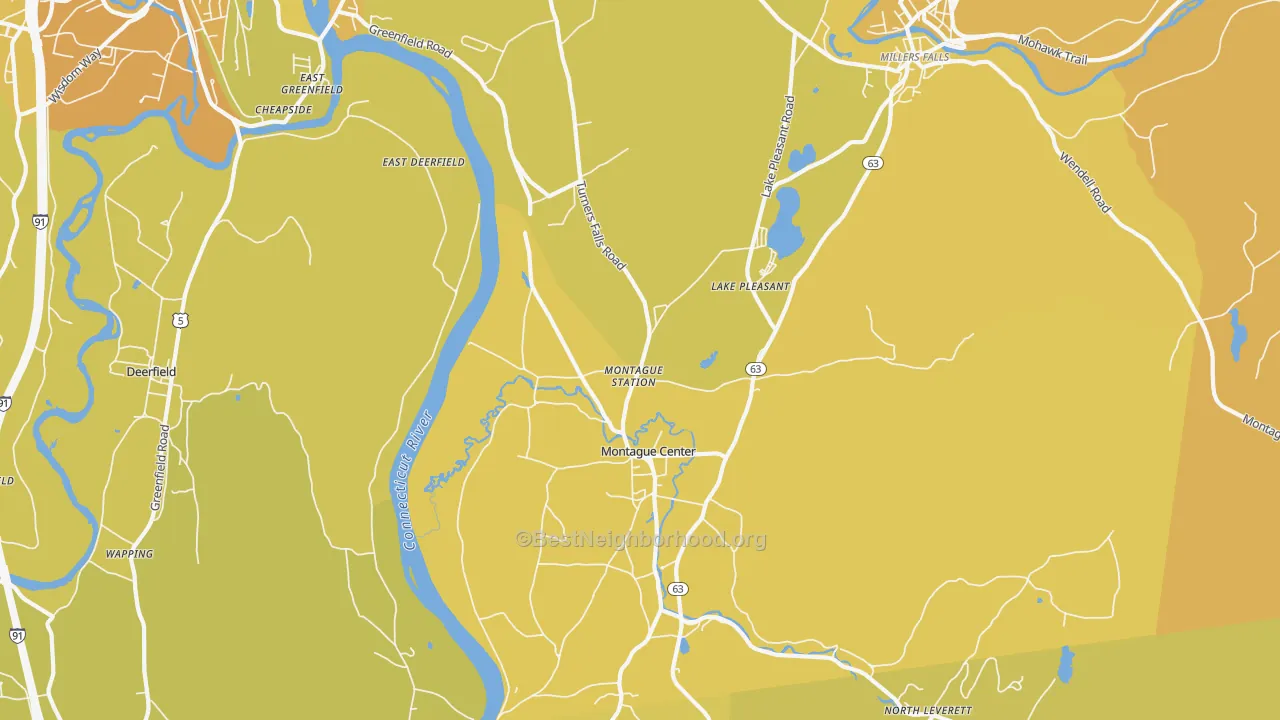 Map of the best neighborhoods in the Montague area, with better matches in green and worse matches in red