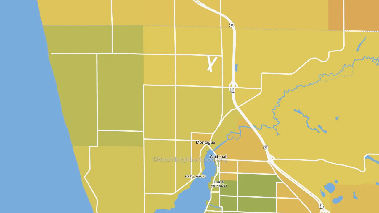 Map of the best neighborhoods in the Montague area, with better matches in green and worse matches in red