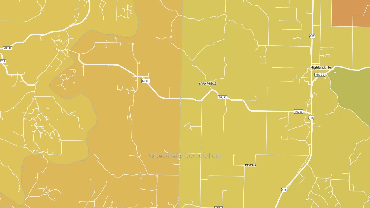 Map of the best neighborhoods in the Montague area, with better matches in green and worse matches in red