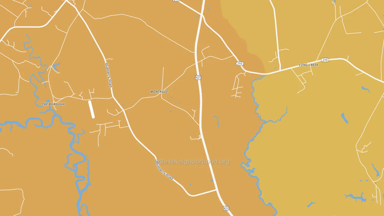 Map of the best neighborhoods in the Montague area, with better matches in green and worse matches in red