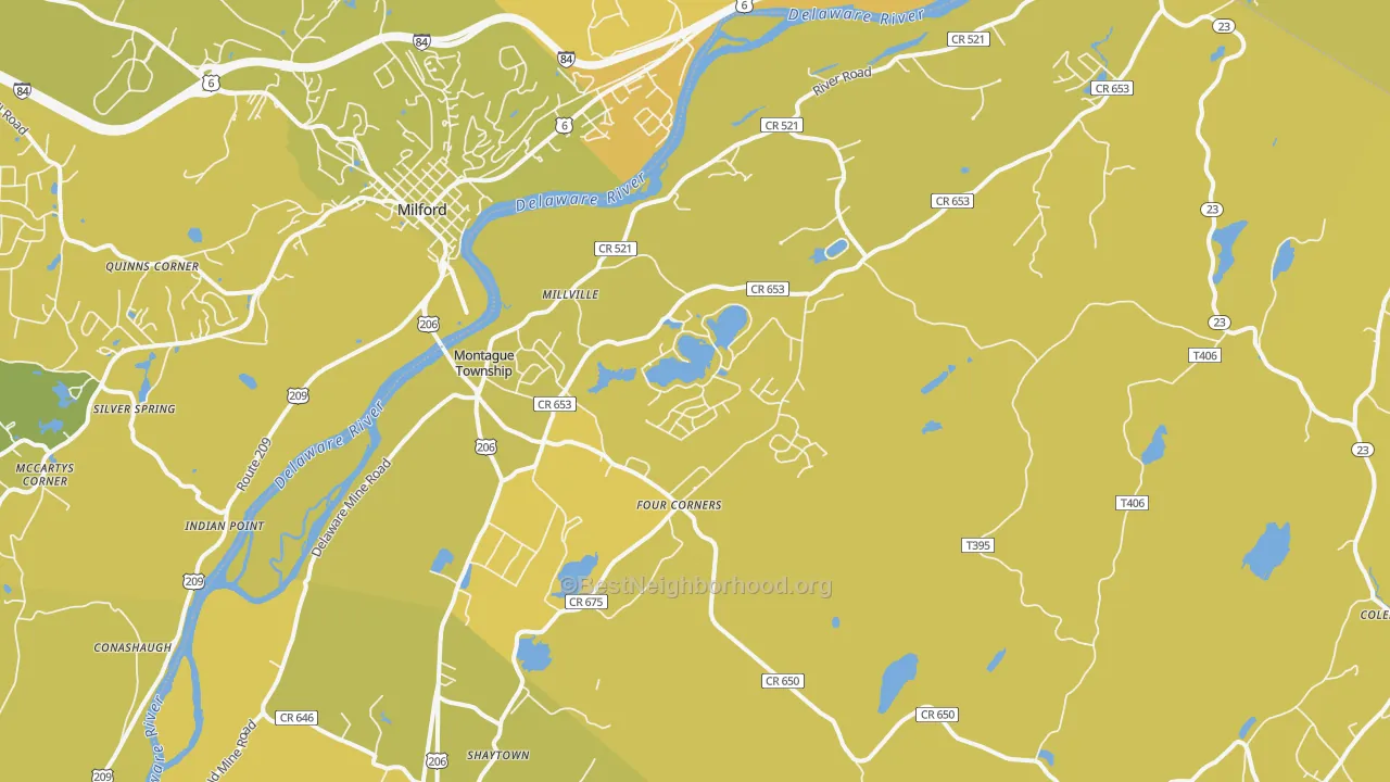 Map of the best neighborhoods in the Montague area, with better matches in green and worse matches in red
