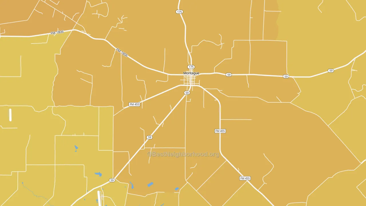 Map of the best neighborhoods in the Montague area, with better matches in green and worse matches in red
