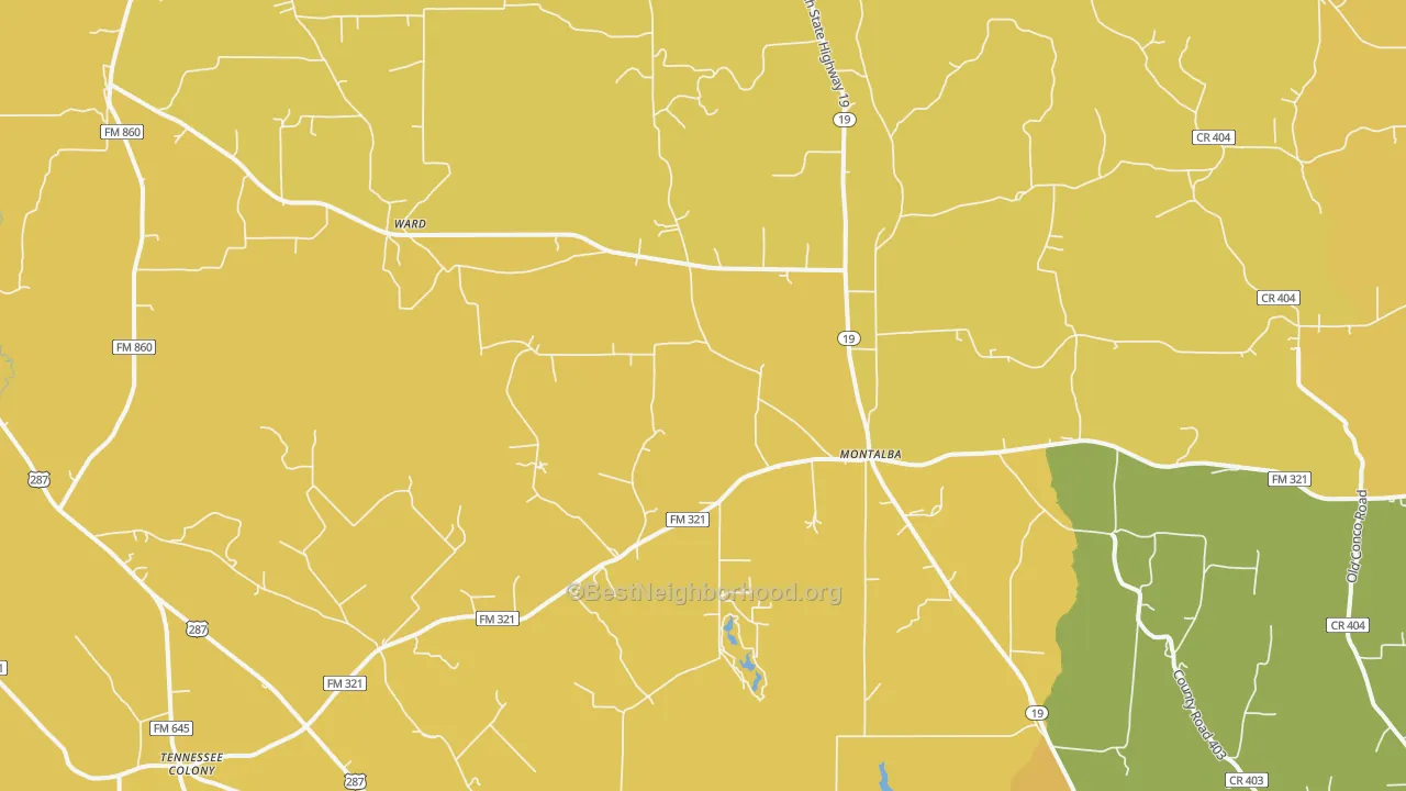 Map of the best neighborhoods in the Montalba area, with better matches in green and worse matches in red