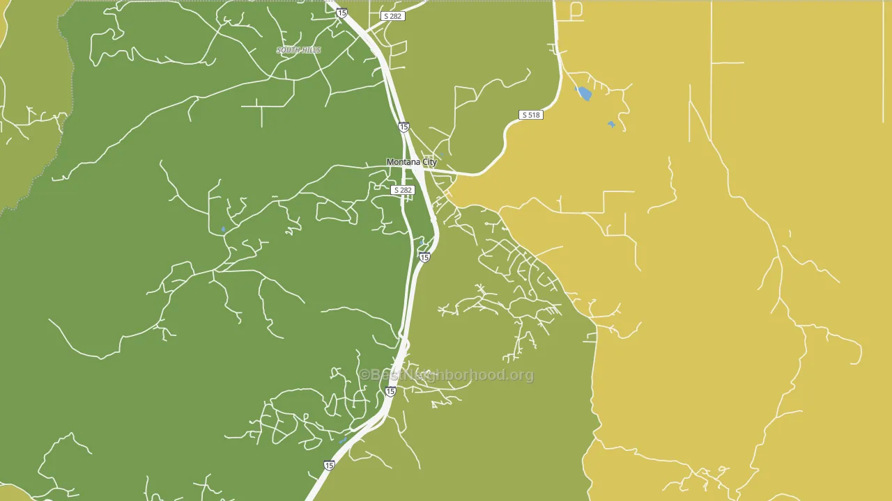 Map of the best neighborhoods in the Montana City area, with better matches in green and worse matches in red