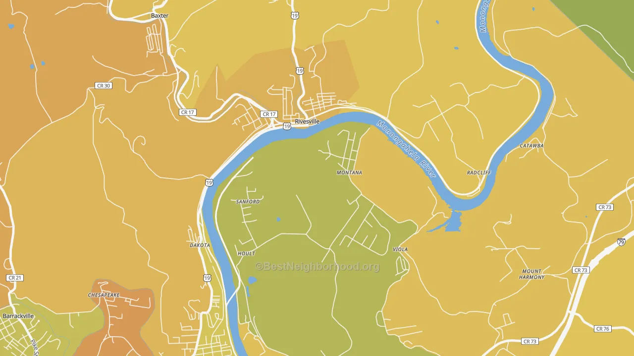 Map of the best neighborhoods in the Montana Mines area, with better matches in green and worse matches in red