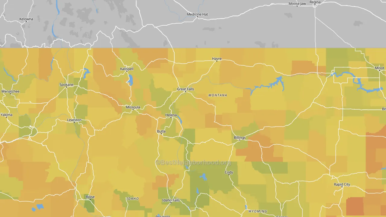 Map of the best neighborhoods in the Montana area, with better matches in green and worse matches in red