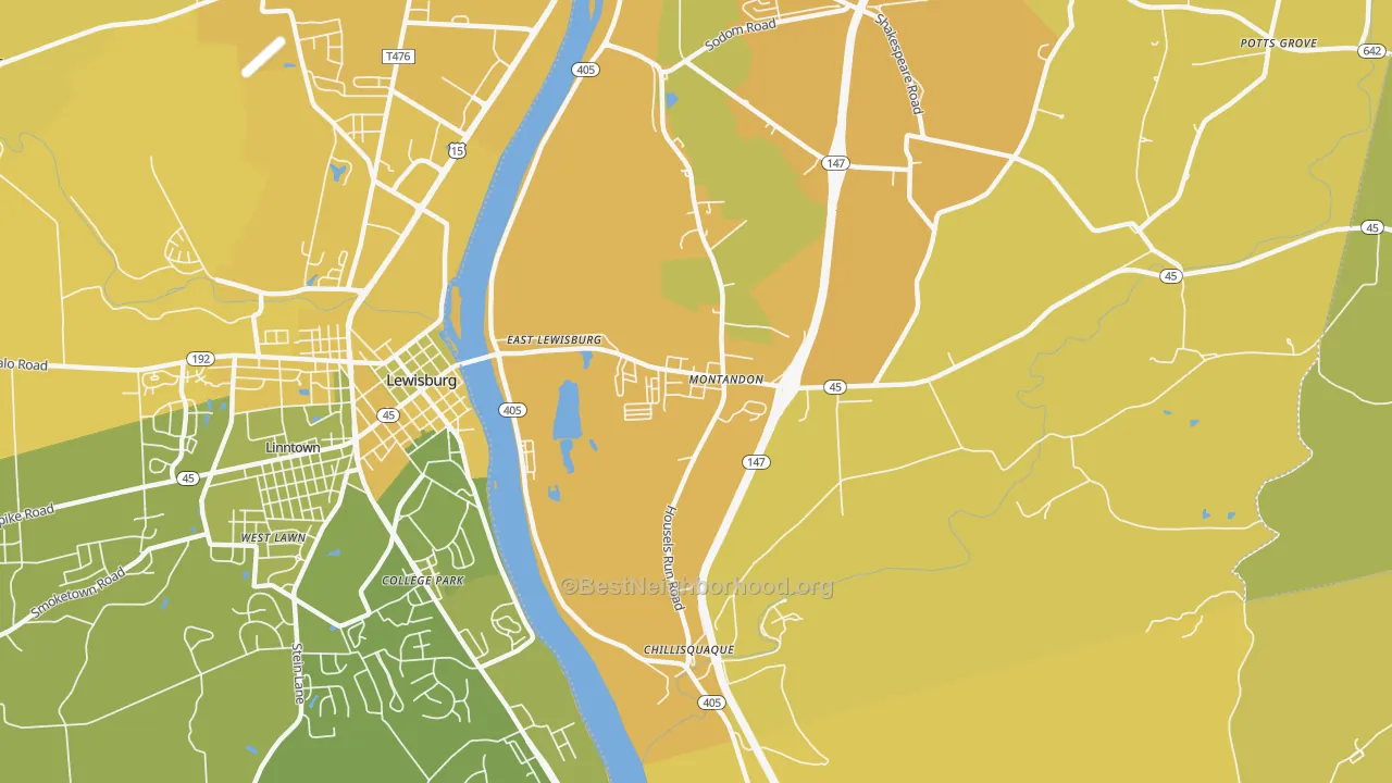 Map of the best neighborhoods in the Montandon area, with better matches in green and worse matches in red