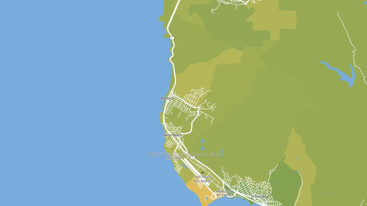 Map of the best neighborhoods in the Montara area, with better matches in green and worse matches in red