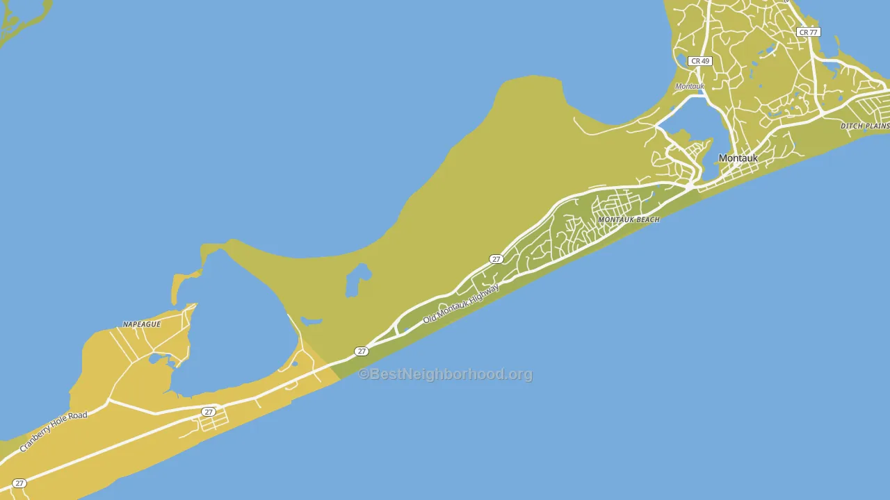 Map of the best neighborhoods in the Montauk Beach area, with better matches in green and worse matches in red