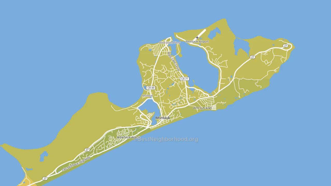 Map of the best neighborhoods in the Montauk area, with better matches in green and worse matches in red