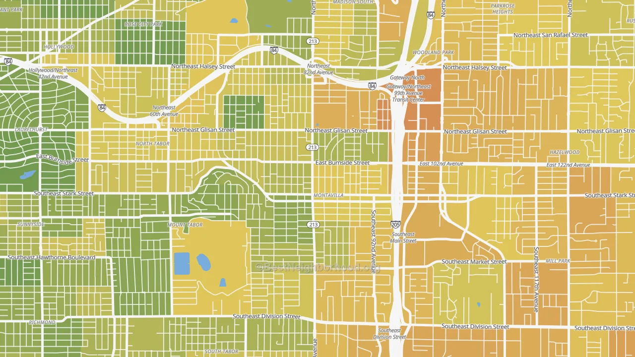 Map of the best neighborhoods in the Montavilla, Portland area, with better matches in green and worse matches in red