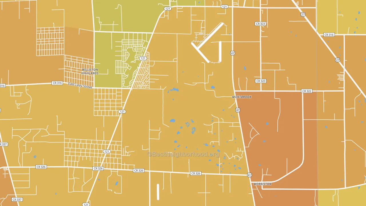 Map of the best neighborhoods in the Montbrook area, with better matches in green and worse matches in red
