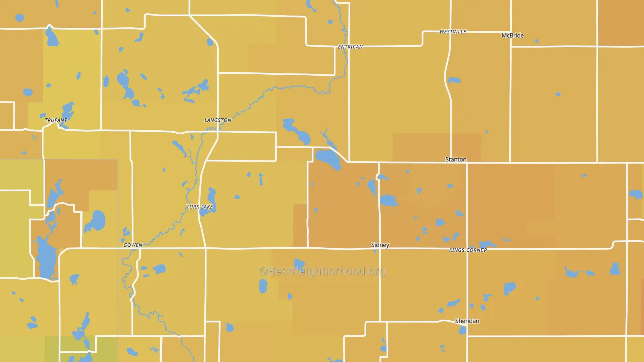 Map of the best neighborhoods in the Montcalm County area, with better matches in green and worse matches in red