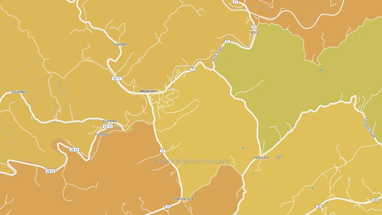 Map of the best neighborhoods in the Montcalm area, with better matches in green and worse matches in red