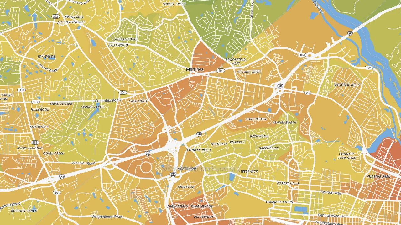 Map of the best neighborhoods in the Montclair, Augusta area, with better matches in green and worse matches in red