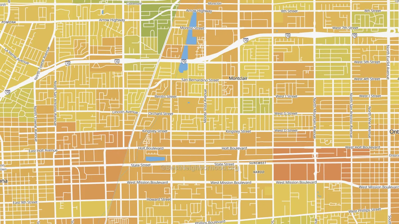 Map of the best neighborhoods in the Montclair area, with better matches in green and worse matches in red